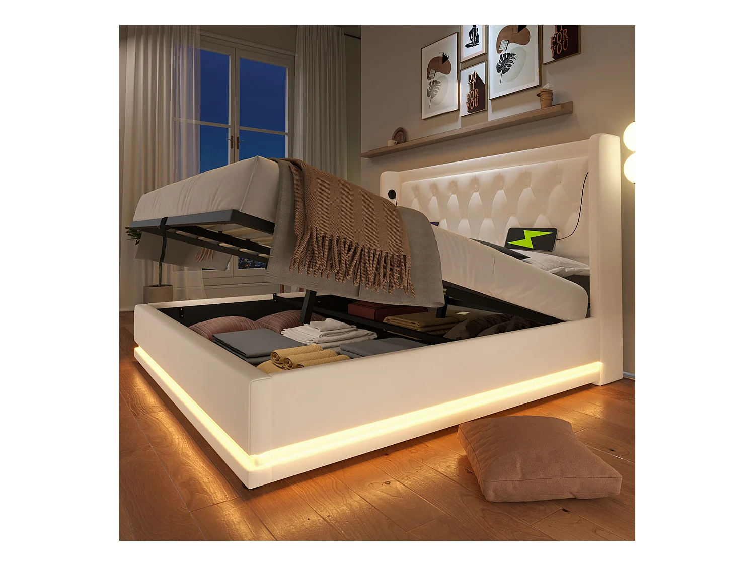 Lit tapissé 140x200 cm double, LED 3 côtés, USB-C, hydraulique, tête rembourrée, PU blanc (Avec matelas)