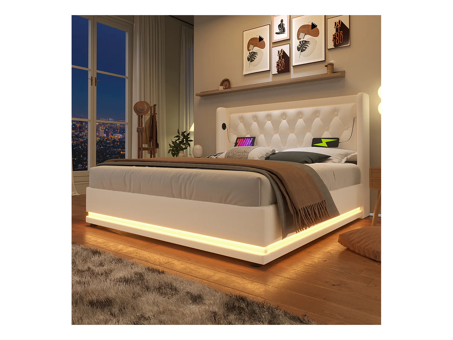 Lit tapissé 140x200 cm double, LED 3 côtés, USB-C, hydraulique, tête rembourrée, PU blanc (Avec matelas)