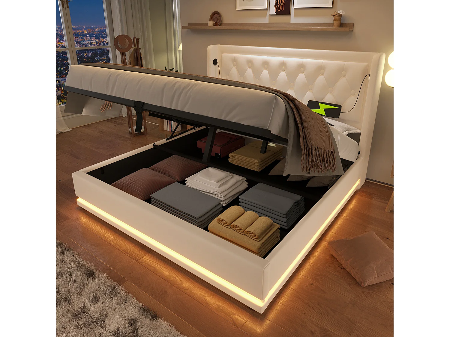 Gestoffeerd bed 140x200 cm met opbergruimte, wit PU, USB/Type-C en 3-zijdige LED, incl. matras