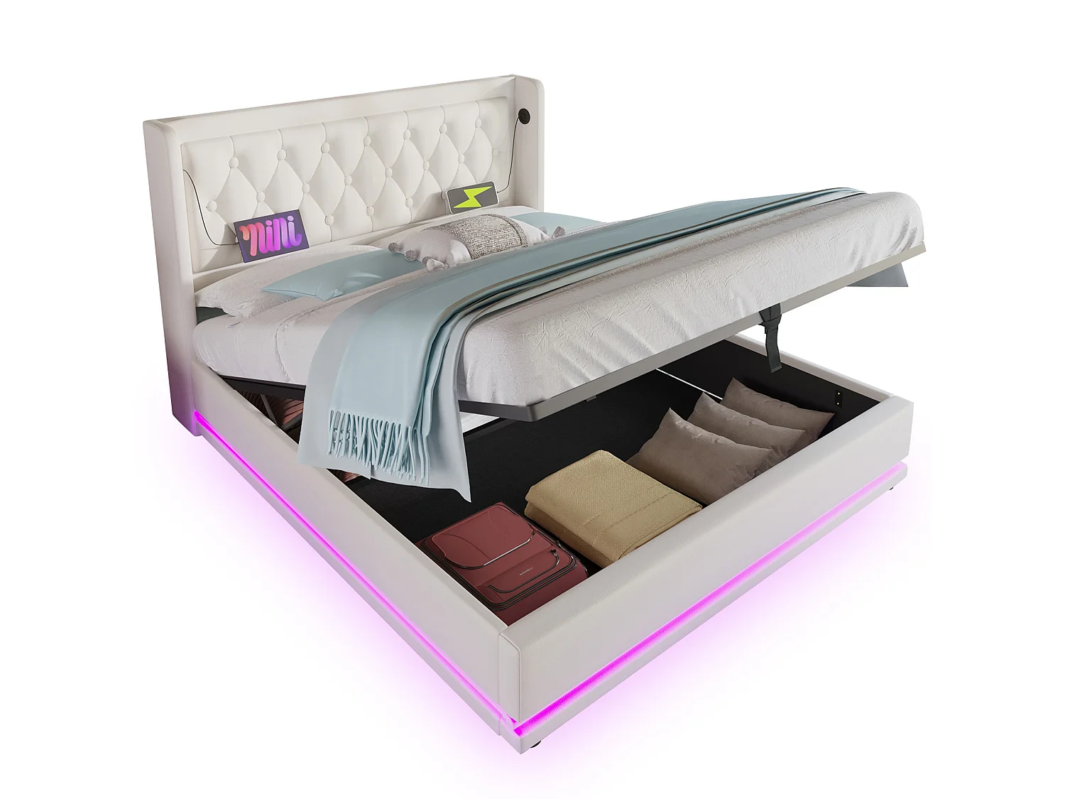 Gestoffeerd bed 140x200 cm met opbergruimte, wit PU, USB/Type-C en 3-zijdige LED, incl. matras