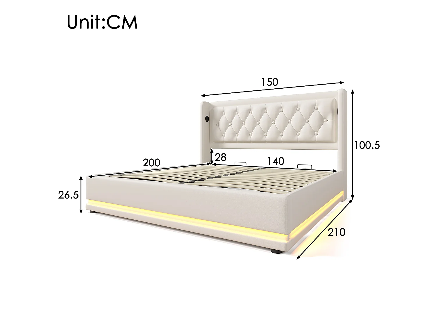 Gestoffeerd bed 140x200 cm met opbergruimte, wit PU, USB/Type-C en 3-zijdige LED, incl. matras