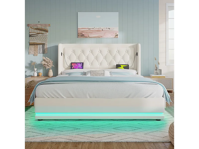 Lit tapissé 140x200 cm double, LED 3 côtés, USB-C, hydraulique, tête rembourrée, PU blanc (Avec matelas)