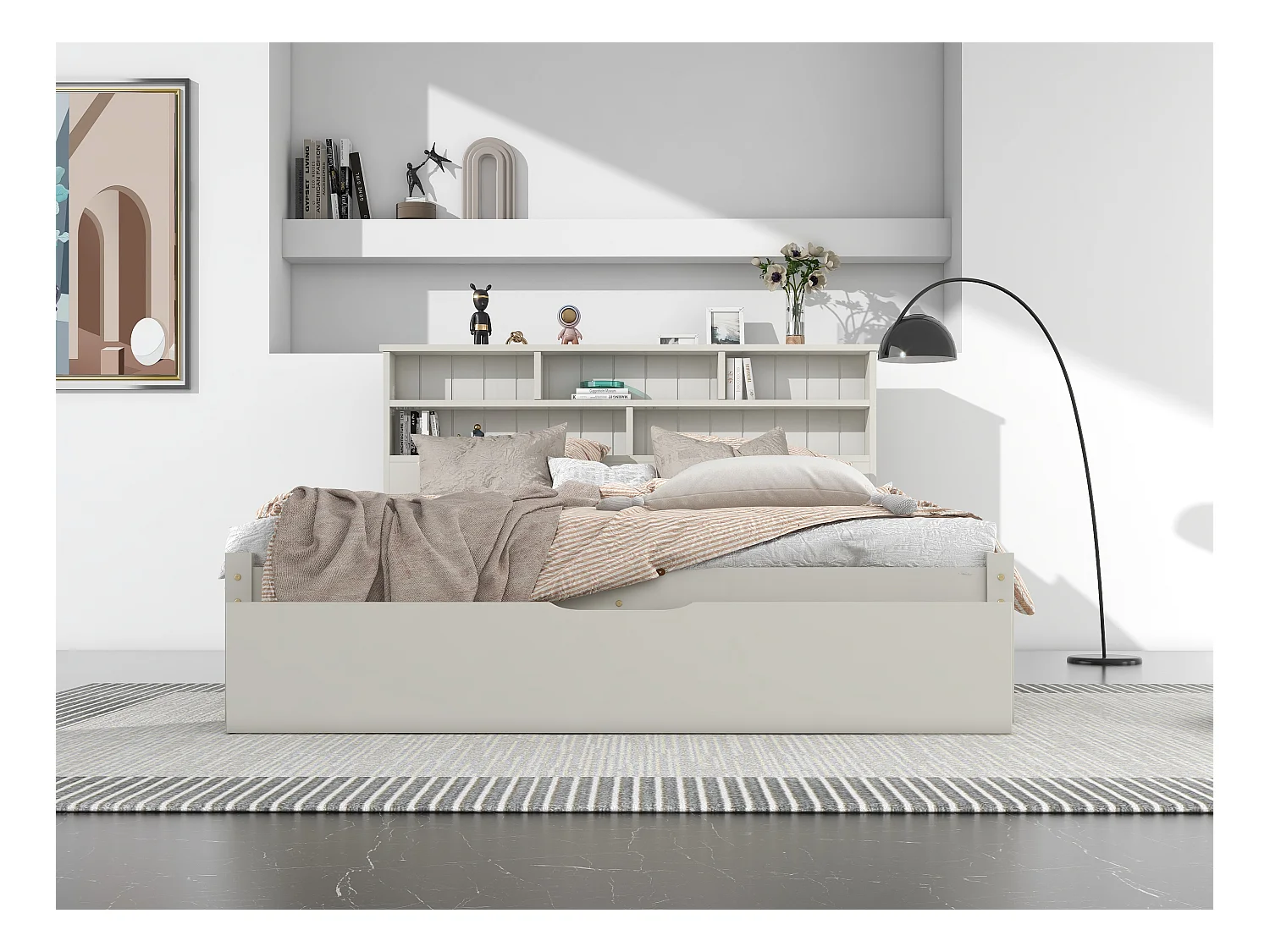 Lit double en bois massif 140×200 cm avec tiroirs et étagère, adapté adultes et enfants, blanc