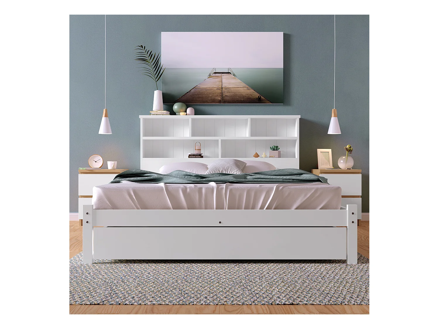 Lit double en bois massif 140×200 cm avec tiroirs et étagère, adapté adultes et enfants, blanc