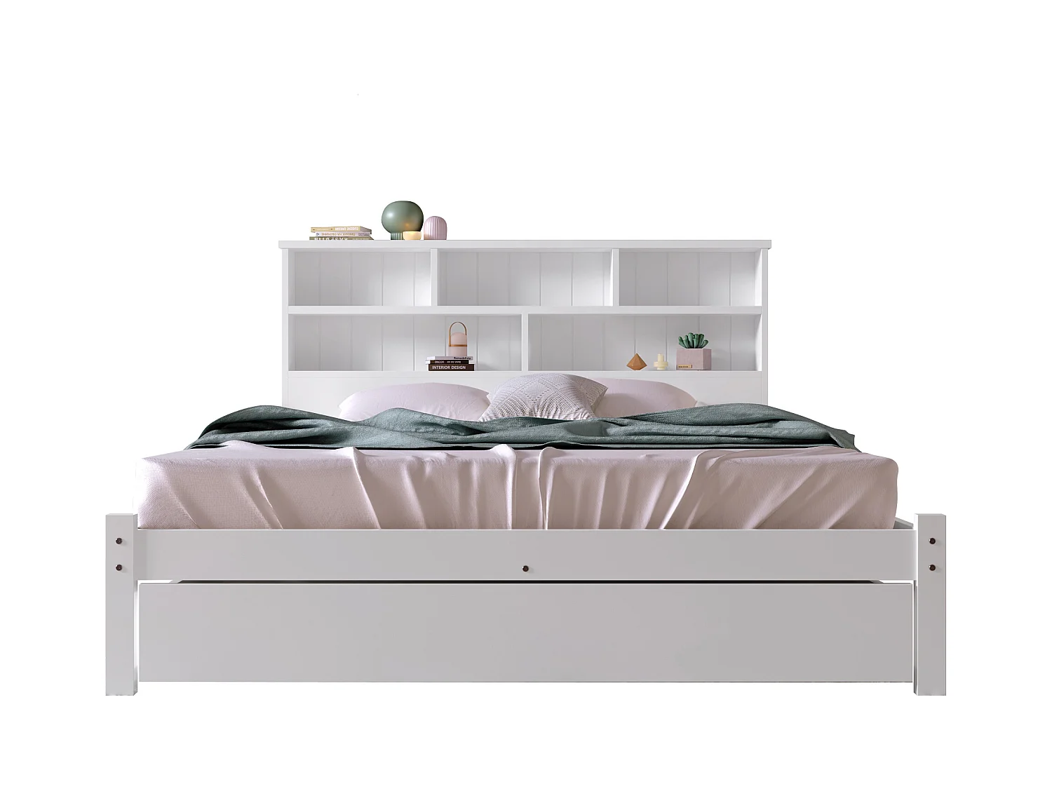 Lit double en bois massif 140×200 cm avec tiroirs et étagère, adapté adultes et enfants, blanc