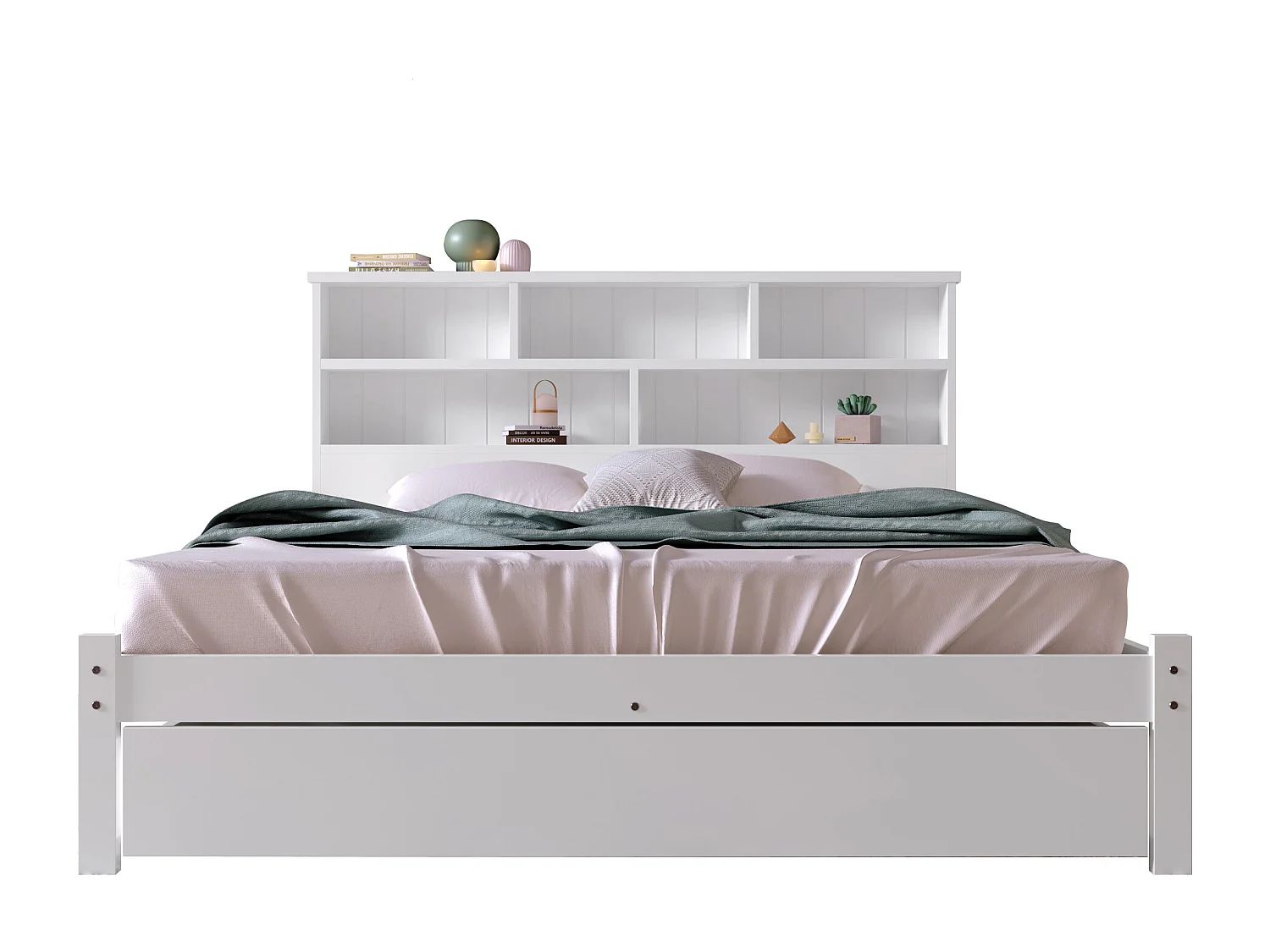 Lit double en bois massif 140×200 cm avec tiroirs et étagère, adapté adultes et enfants, blanc