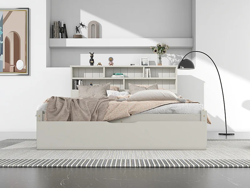 Lit double en bois massif 140×200 cm avec tiroirs et étagère, adapté adultes et enfants, blanc