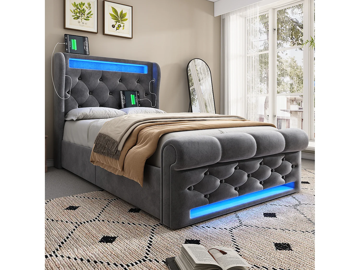 Lit tapissé 90x200 cm simple avec tête LED, rangement hydraulique, USB/Type-C, tissu velours gris (Avec matelas)