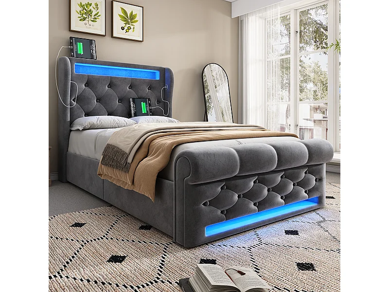 Lit tapissé 90x200 cm simple avec tête LED, rangement hydraulique, USB/Type-C, tissu velours gris (Avec matelas)