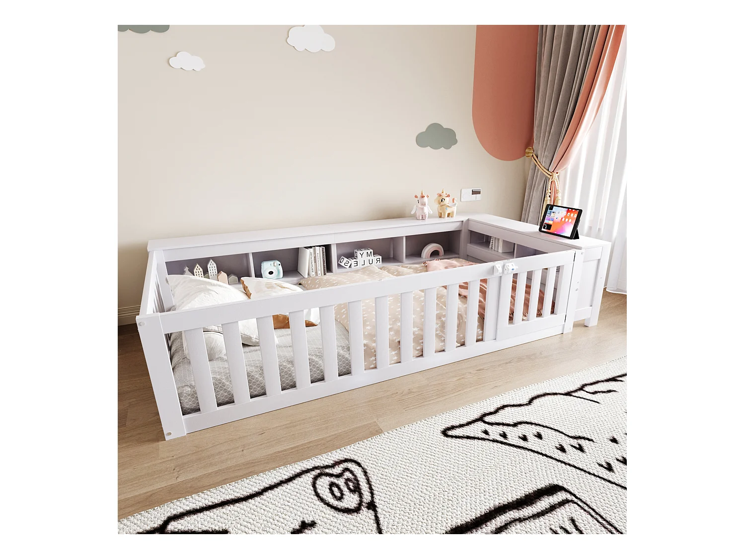 Lit enfant 90x200 cm multifonction, avec nombreux rangements, barrière et porte, sécurité totale, bois massif, blanc