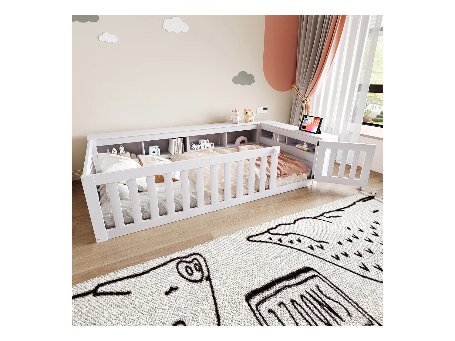 Lit enfant 90x200 cm multifonction, avec nombreux rangements, barrière et porte, sécurité totale, bois massif, blanc