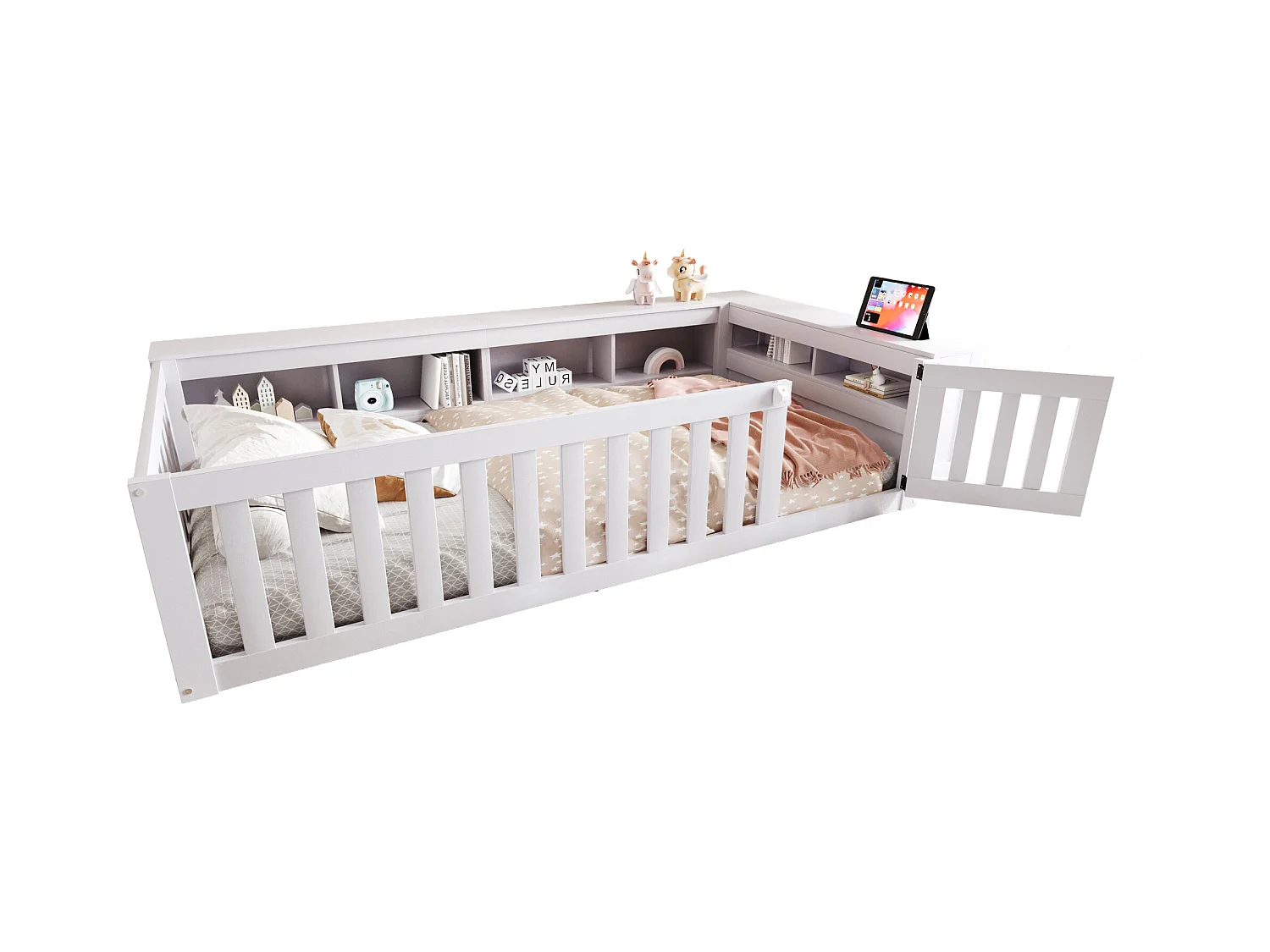 Lit enfant 90x200 cm multifonction, avec nombreux rangements, barrière et porte, sécurité totale, bois massif, blanc