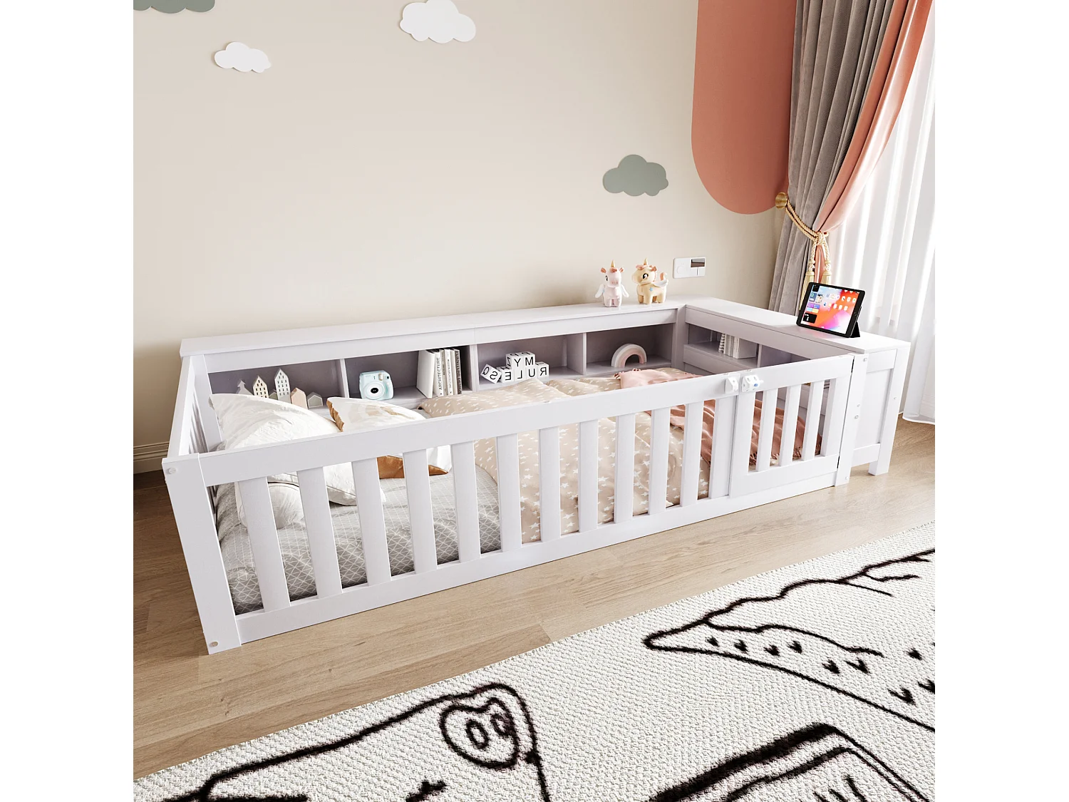 Lit enfant 90x200 cm multifonction, avec nombreux rangements, barrière et porte, sécurité totale, bois massif, blanc