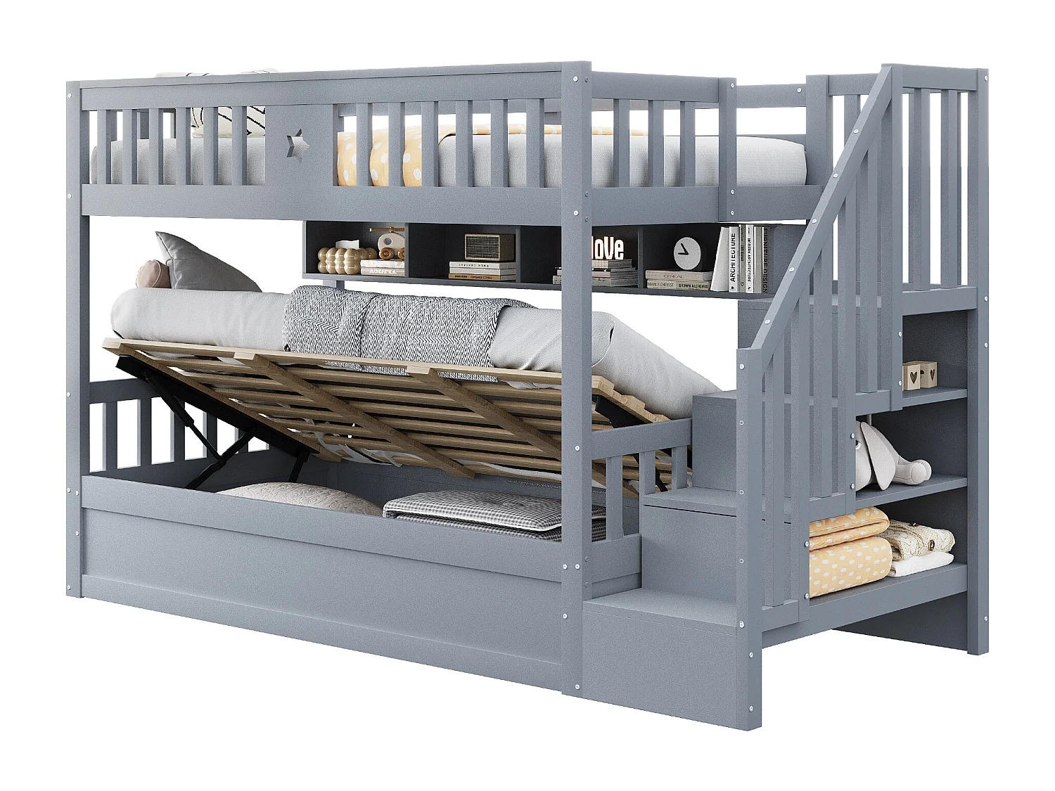 Lit superposé 90x200 cm en bois, sous-lit hydraulique, escalier avec rangement et étagères, lit haut, gris