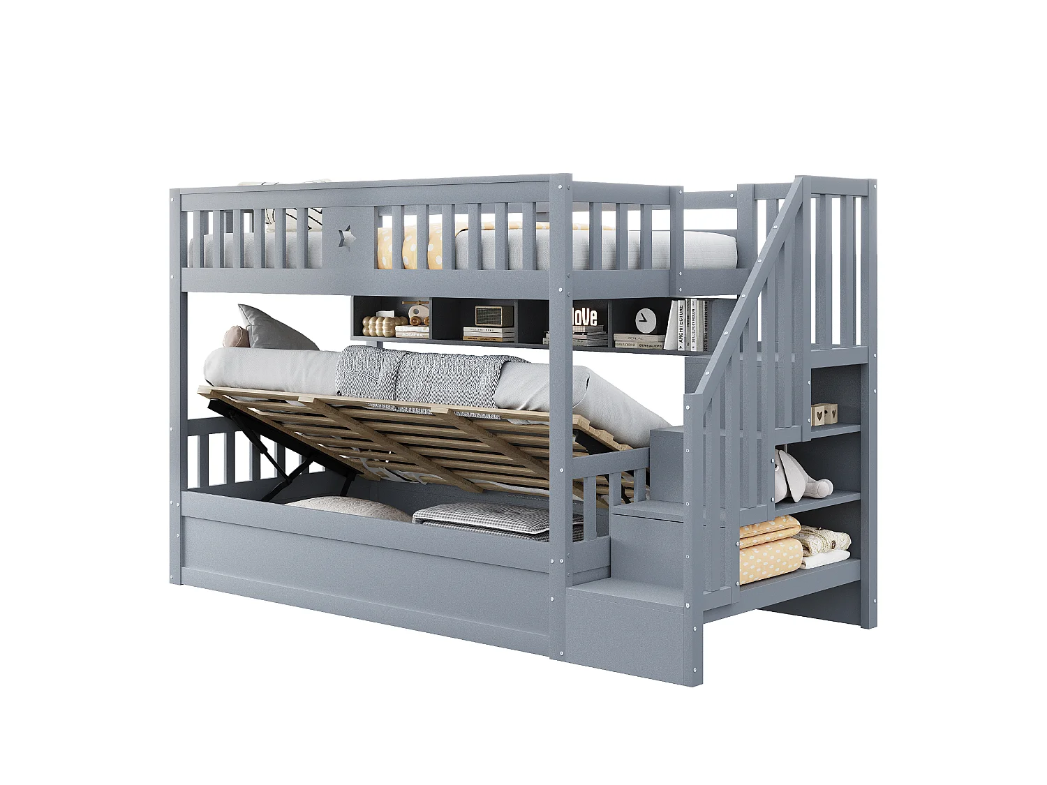 Hoogslaper 90x200 cm van hout, grijs, met hydraulisch onderbed en opbergladder
