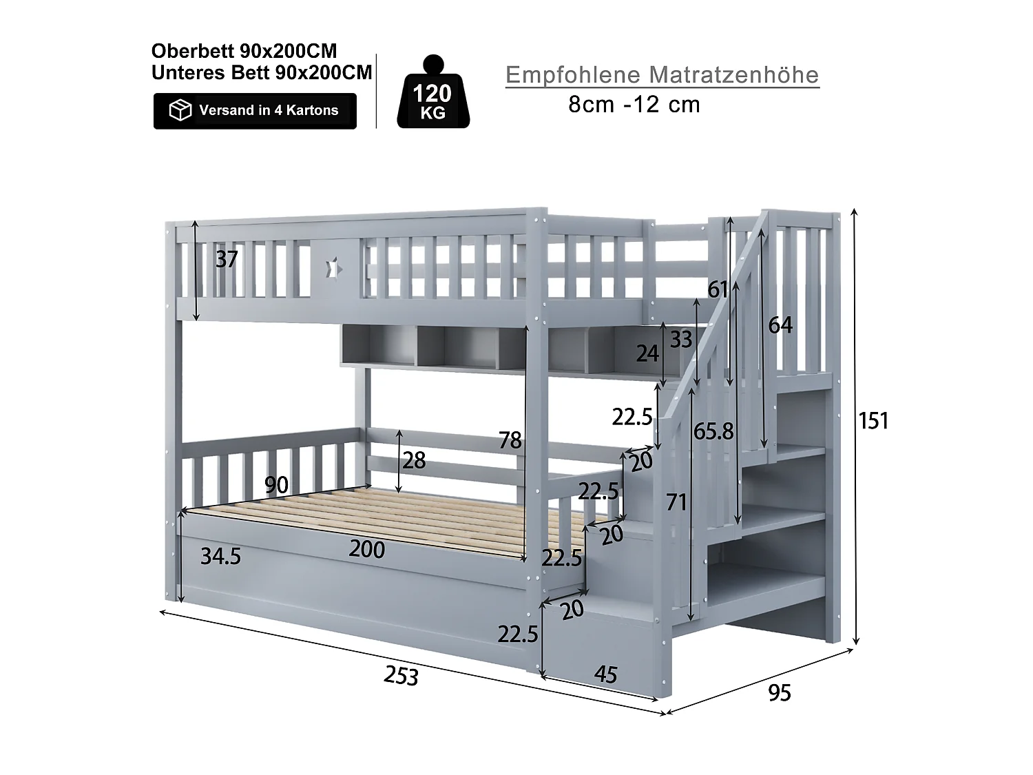 Hoogslaper 90x200 cm van hout, grijs, met hydraulisch onderbed en opbergladder
