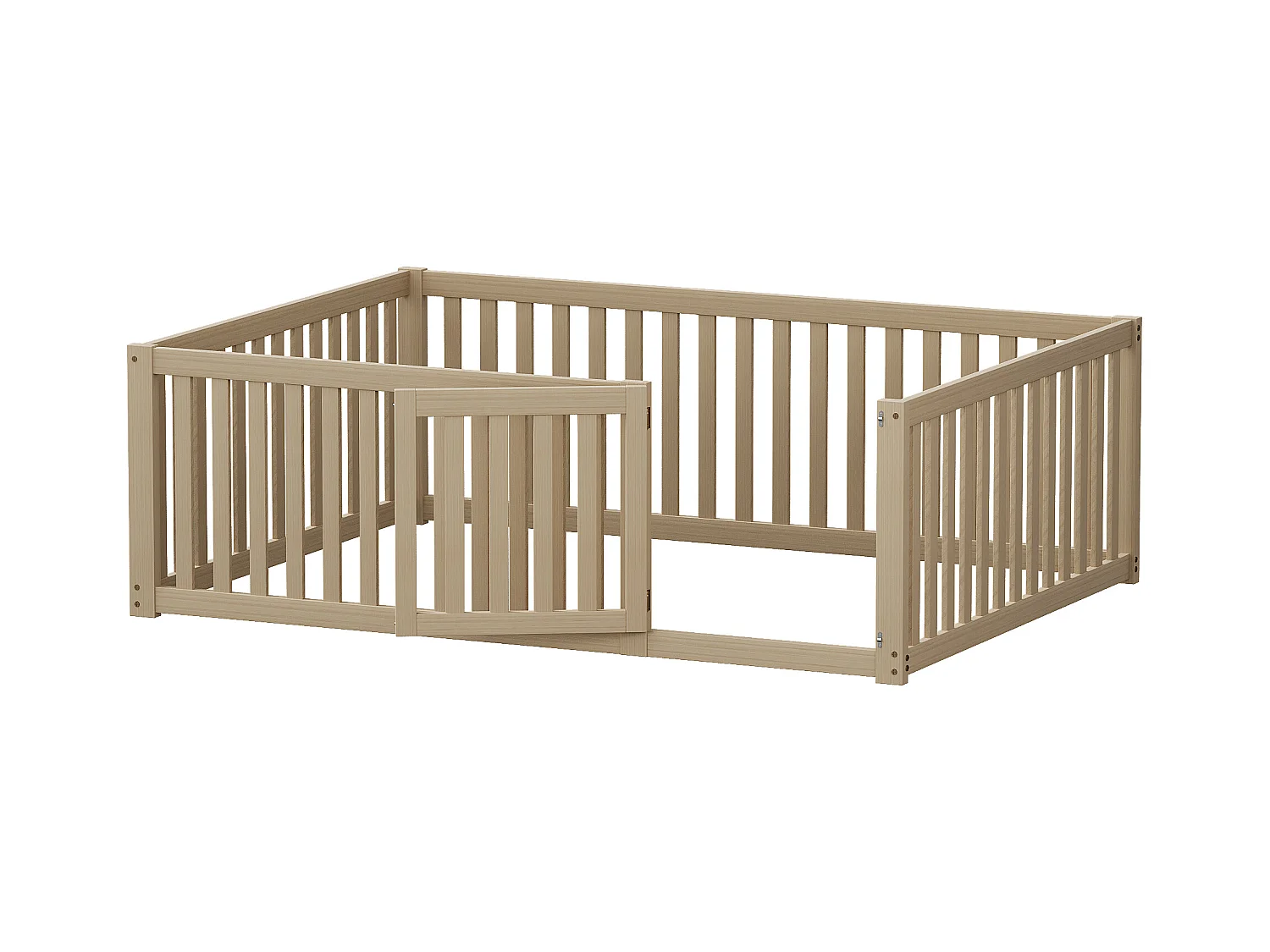 Lit enfant 140x200 cm en bois naturel, cadre au sol avec barrière et petite porte, design chaleureux