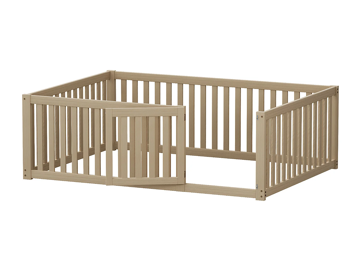 Lit enfant 140x200 cm en bois naturel, cadre au sol avec barrière et petite porte, design chaleureux