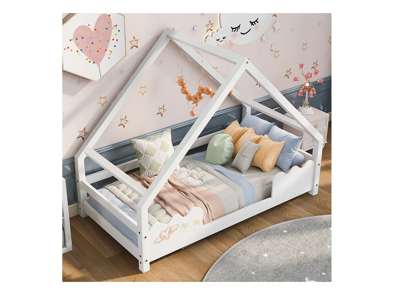Lit cabane enfant 90×200 cm avec barrière de sécurité, bois massif blanc, design ludique et sûr