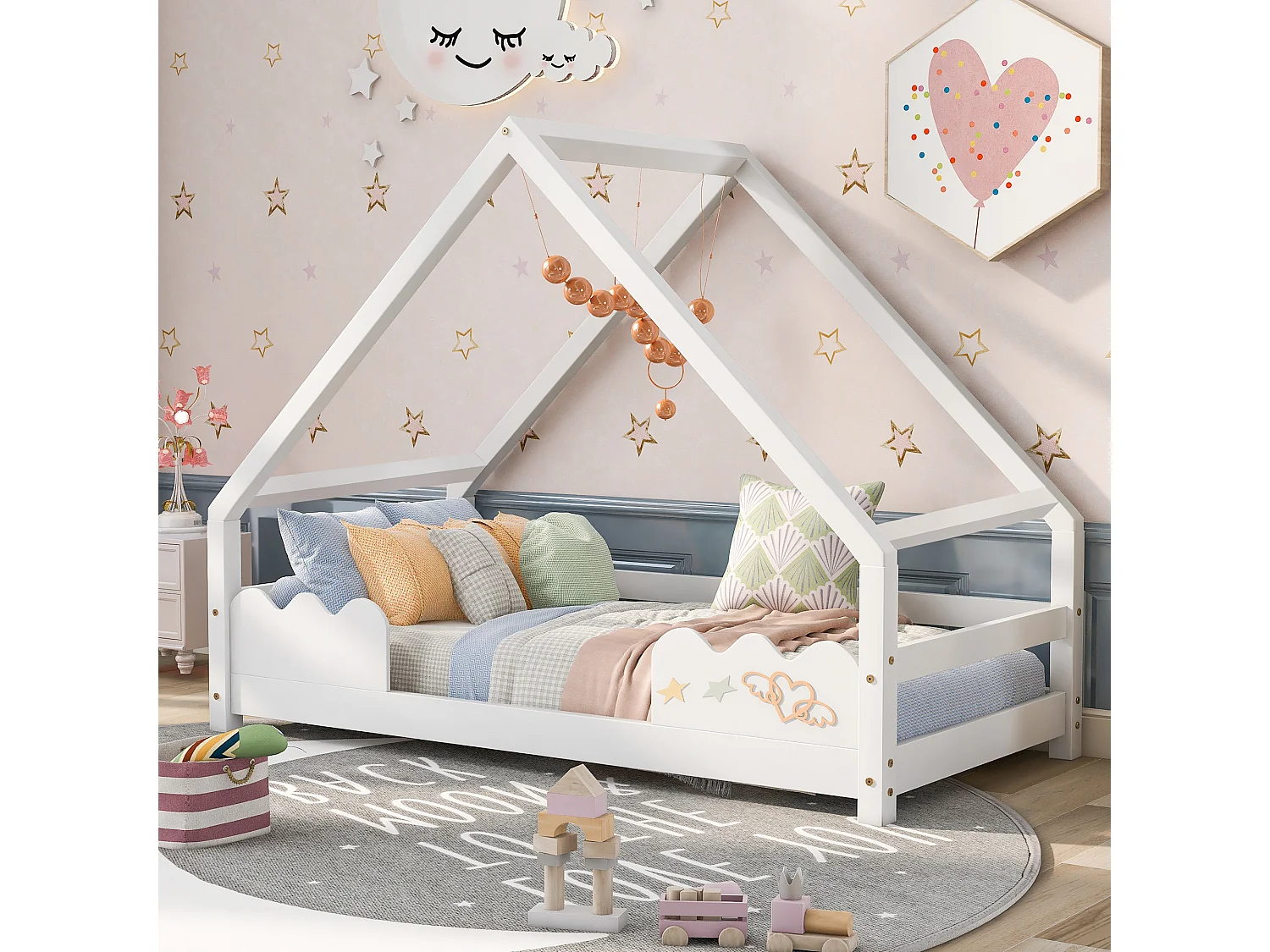Lit cabane enfant 90×200 cm avec barrière de sécurité, bois massif blanc, design ludique et sûr