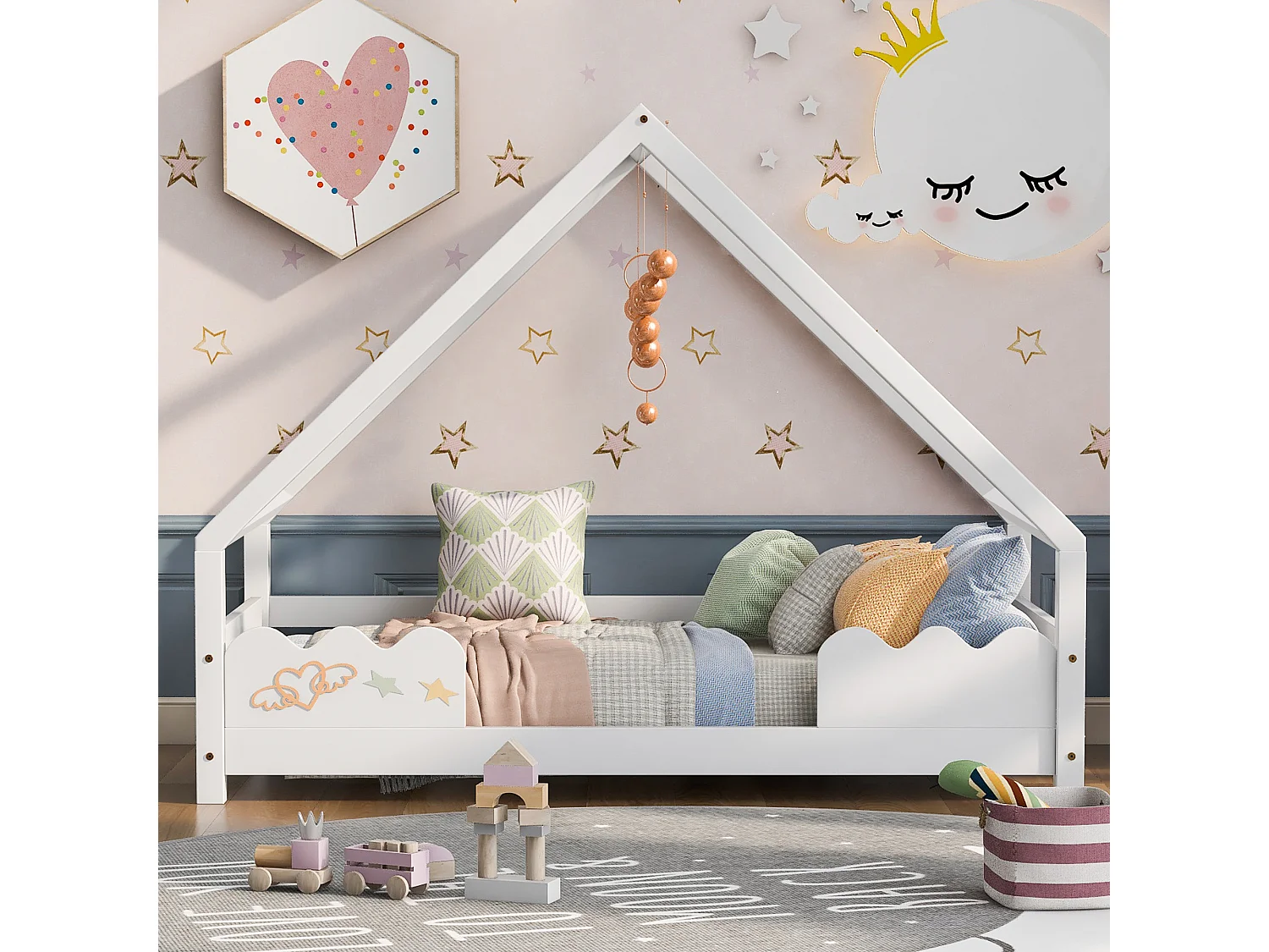 Lit cabane enfant 90×200 cm avec barrière de sécurité, bois massif blanc, design ludique et sûr