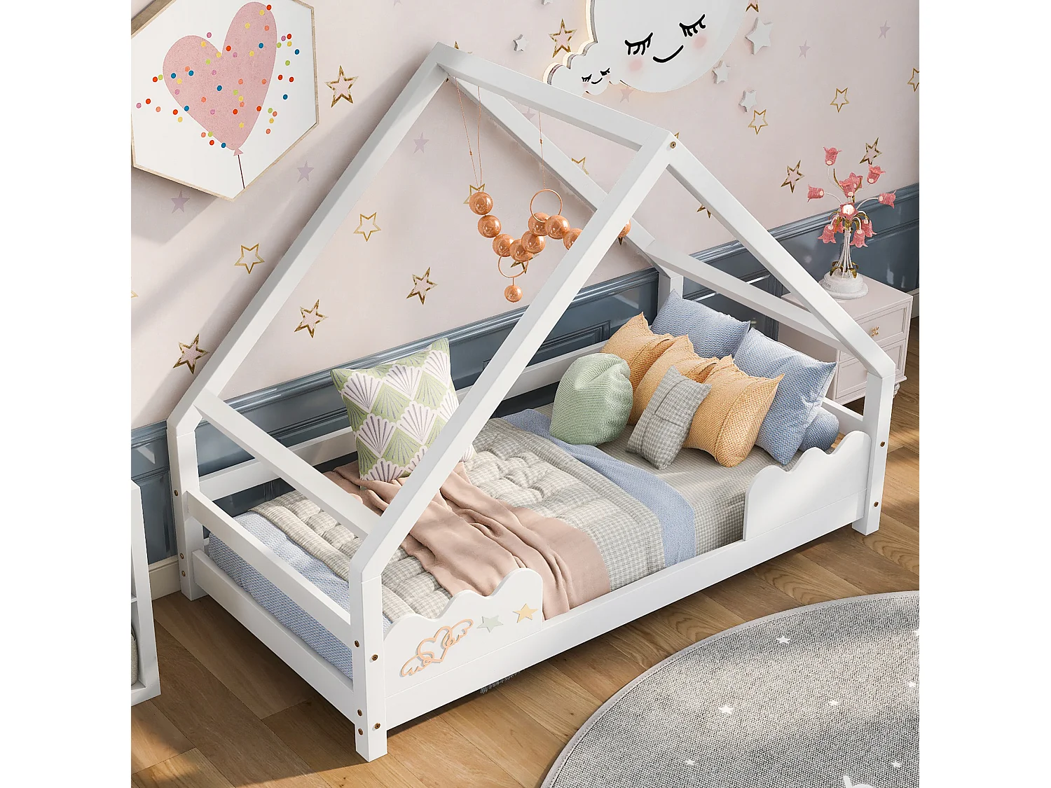 Lit cabane enfant 90×200 cm avec barrière de sécurité, bois massif blanc, design ludique et sûr