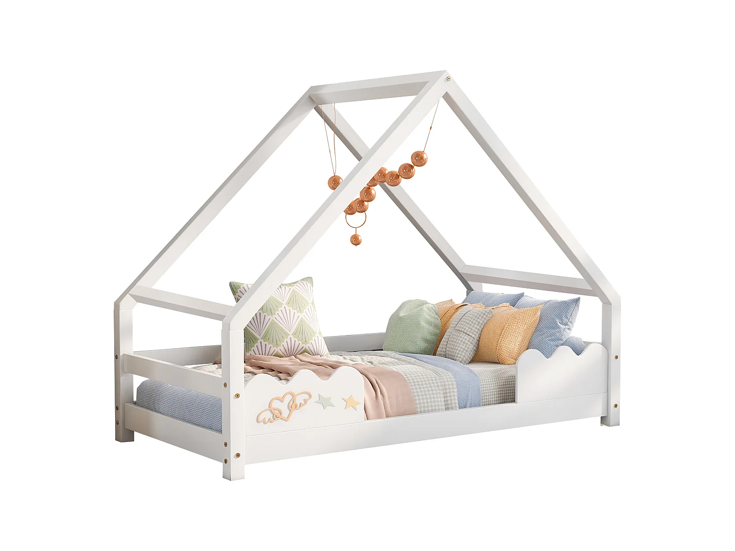 Lit cabane enfant 90×200 cm avec barrière de sécurité, bois massif blanc, design ludique et sûr