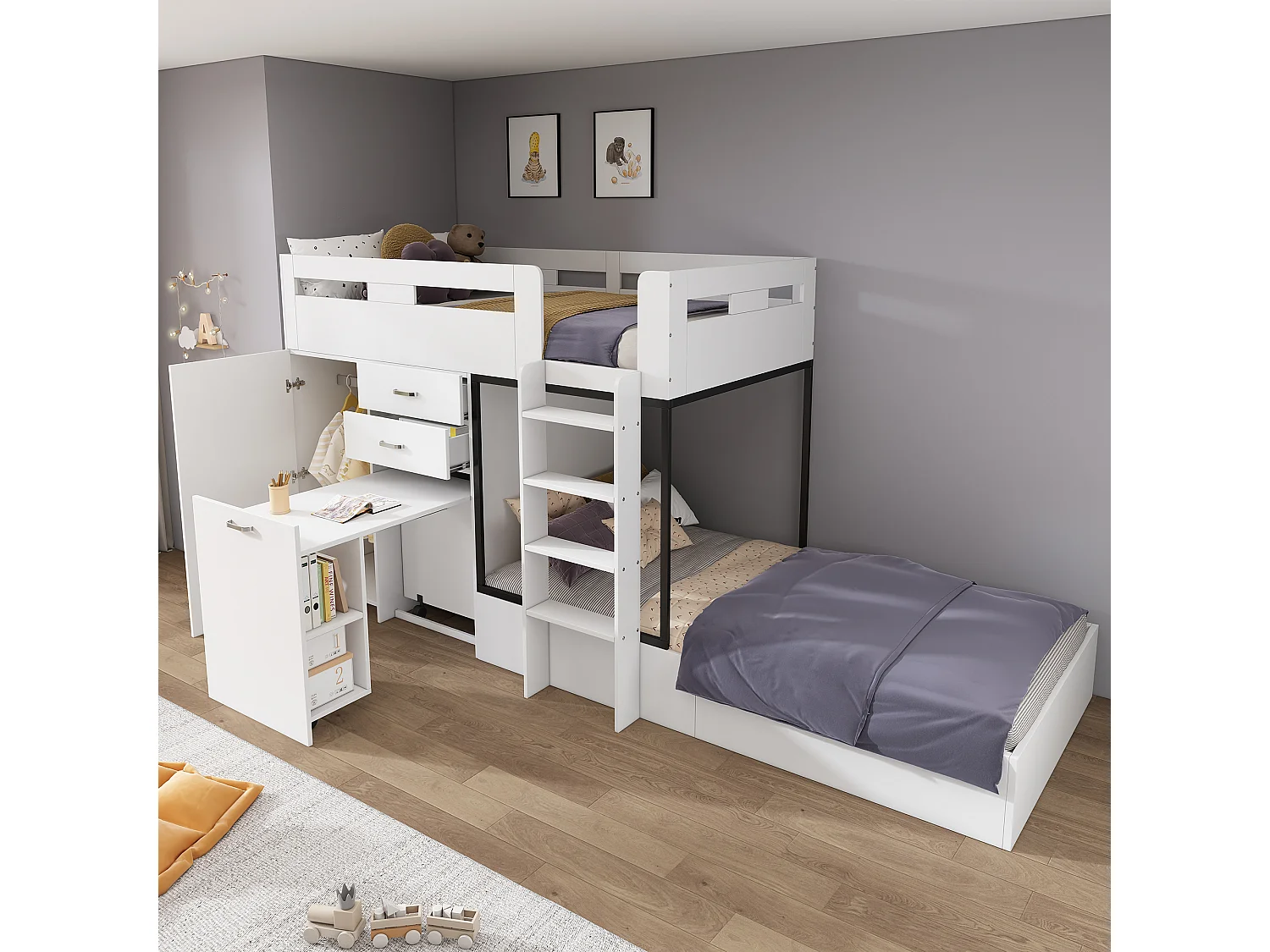 Lit superposé enfant 90×200 cm blanc, avec bureau coulissant, penderie, tiroirs et étagères, bois, sans matelas