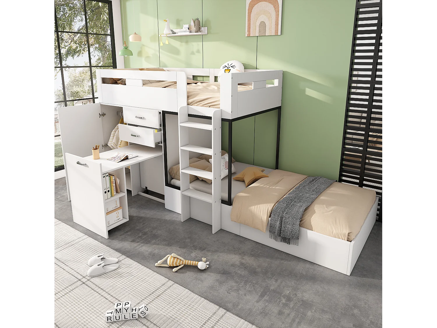 Lit superposé enfant 90×200 cm blanc, avec bureau coulissant, penderie, tiroirs et étagères, bois, sans matelas