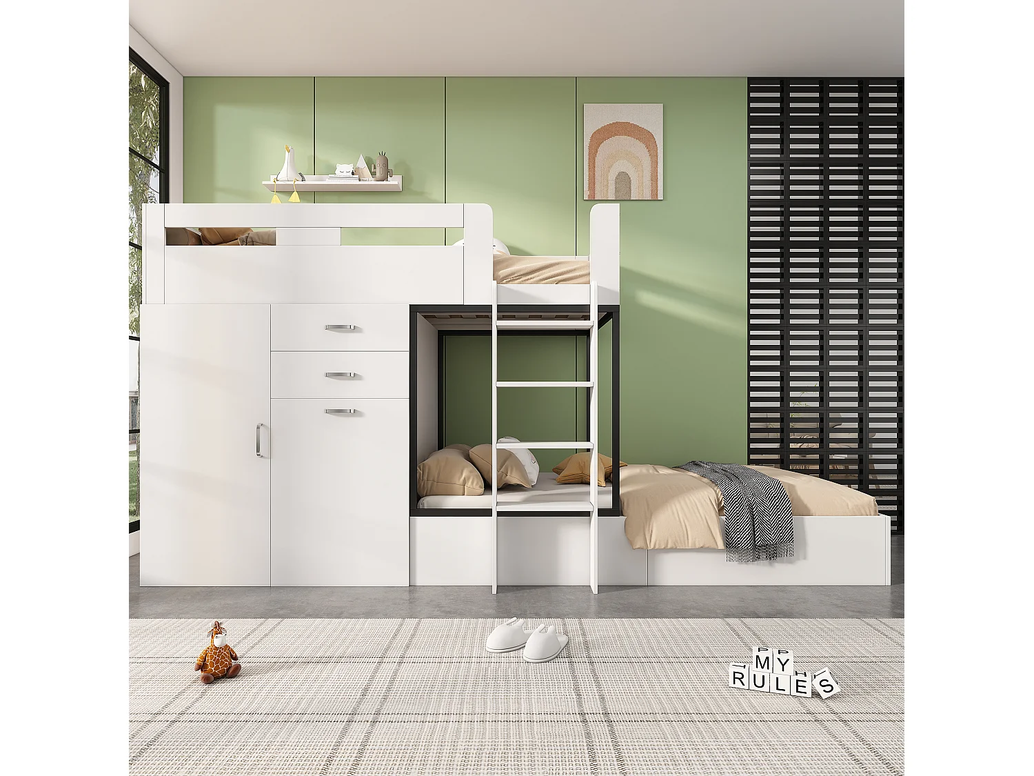 Lit superposé enfant 90×200 cm blanc, avec bureau coulissant, penderie, tiroirs et étagères, bois, sans matelas