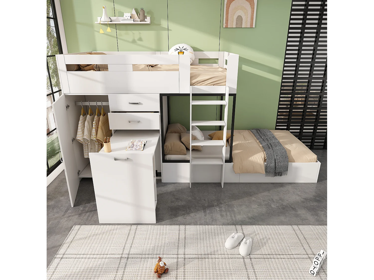 Lit superposé enfant 90×200 cm blanc, avec bureau coulissant, penderie, tiroirs et étagères, bois, sans matelas