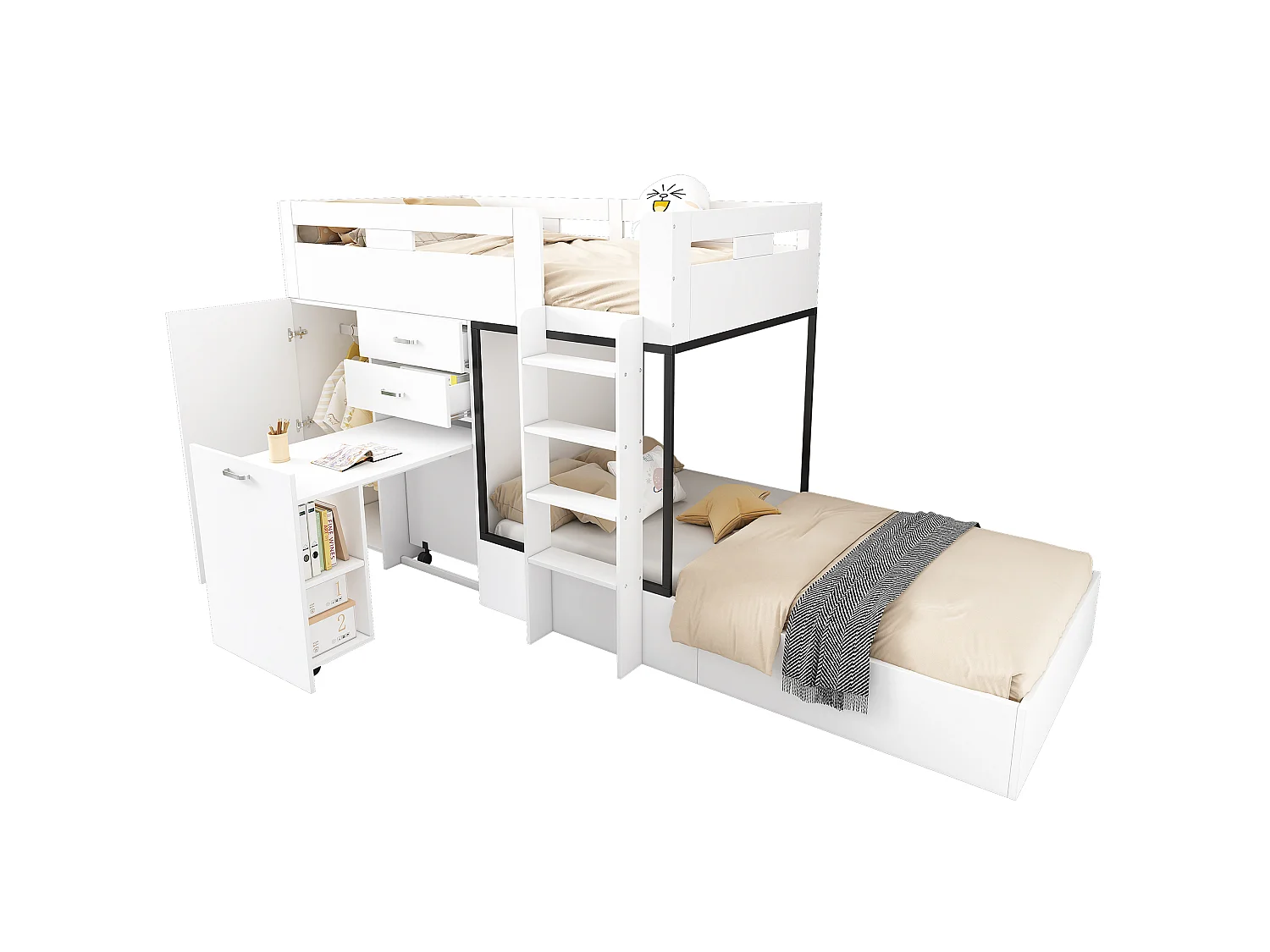 Lit superposé enfant 90×200 cm blanc, avec bureau coulissant, penderie, tiroirs et étagères, bois, sans matelas