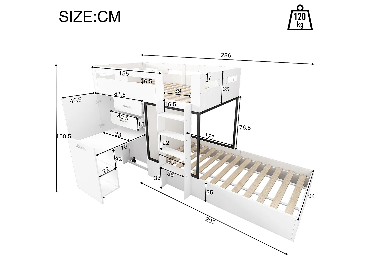 Lit superposé enfant 90×200 cm blanc, avec bureau coulissant, penderie, tiroirs et étagères, bois, sans matelas