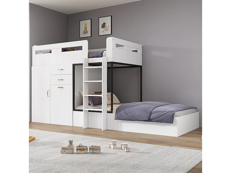 Lit superposé enfant 90×200 cm blanc, avec bureau coulissant, penderie, tiroirs et étagères, bois, sans matelas