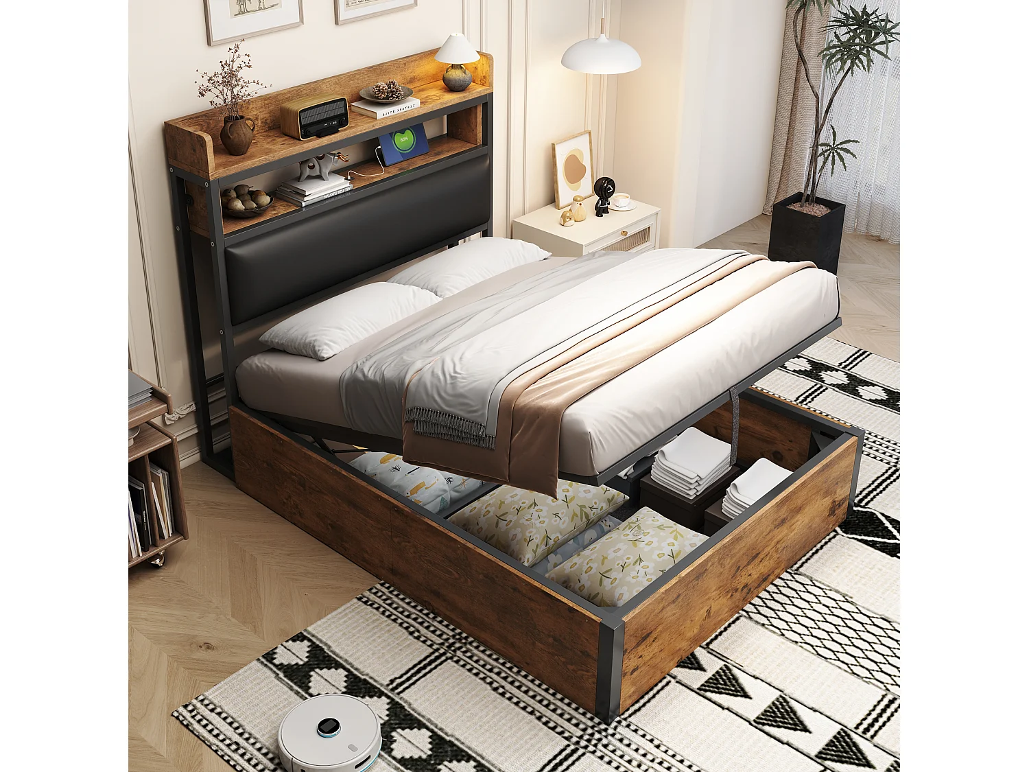 Eenpersoonsbed 90x200 cm van metaal en hout, zwart, met hydraulische opbergruimte en USB