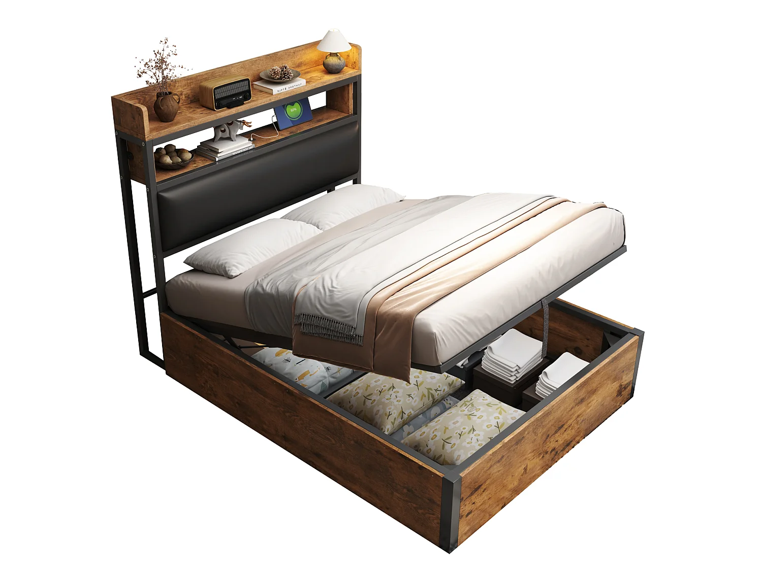 Eenpersoonsbed 90x200 cm van metaal en hout, zwart, met hydraulische opbergruimte en USB
