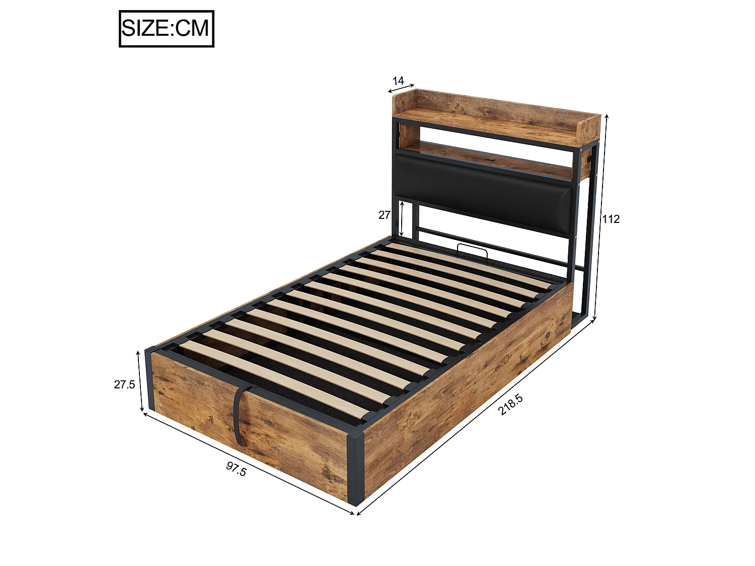 Eenpersoonsbed 90x200 cm van metaal en hout, zwart, met hydraulische opbergruimte en USB