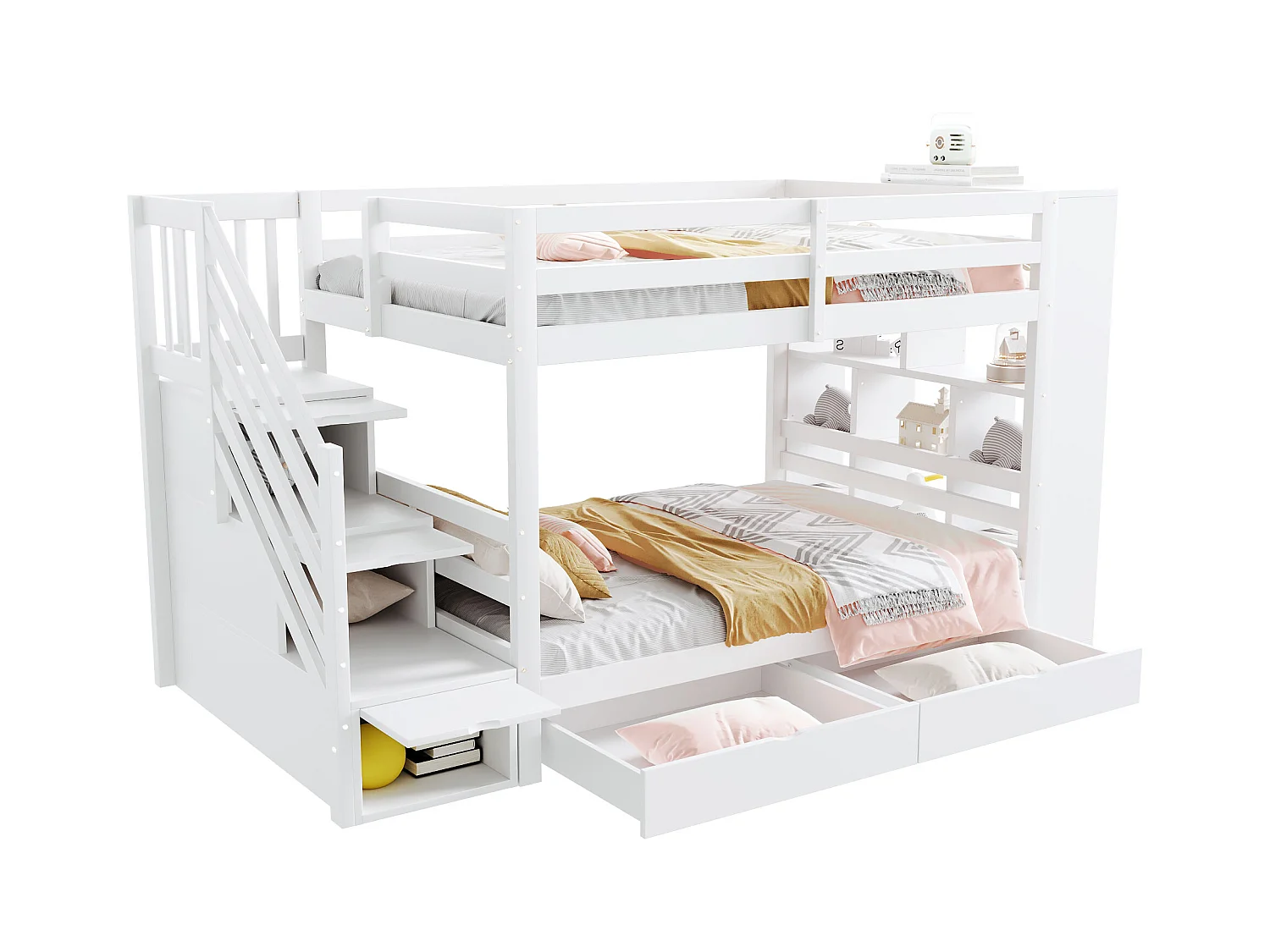 Lit mezzanine 90x200 cm, échelle sécurisée avec rangement, tiroirs et grands casiers, garde-corps haut, lattenrost, lit pin, enfant, junior, blanc