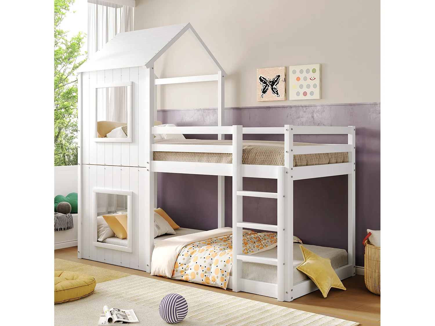 Lit superposé cabane 90×200 cm pour enfants, avec échelle et baldaquin, bois massif blanc