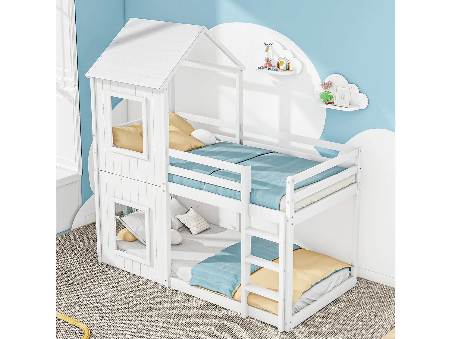 Lit superposé cabane 90×200 cm pour enfants, avec échelle et baldaquin, bois massif blanc