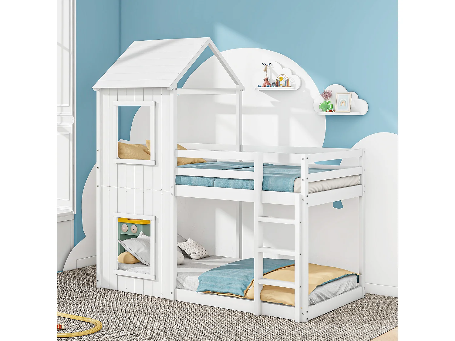 Lit superposé cabane 90×200 cm pour enfants, avec échelle et baldaquin, bois massif blanc