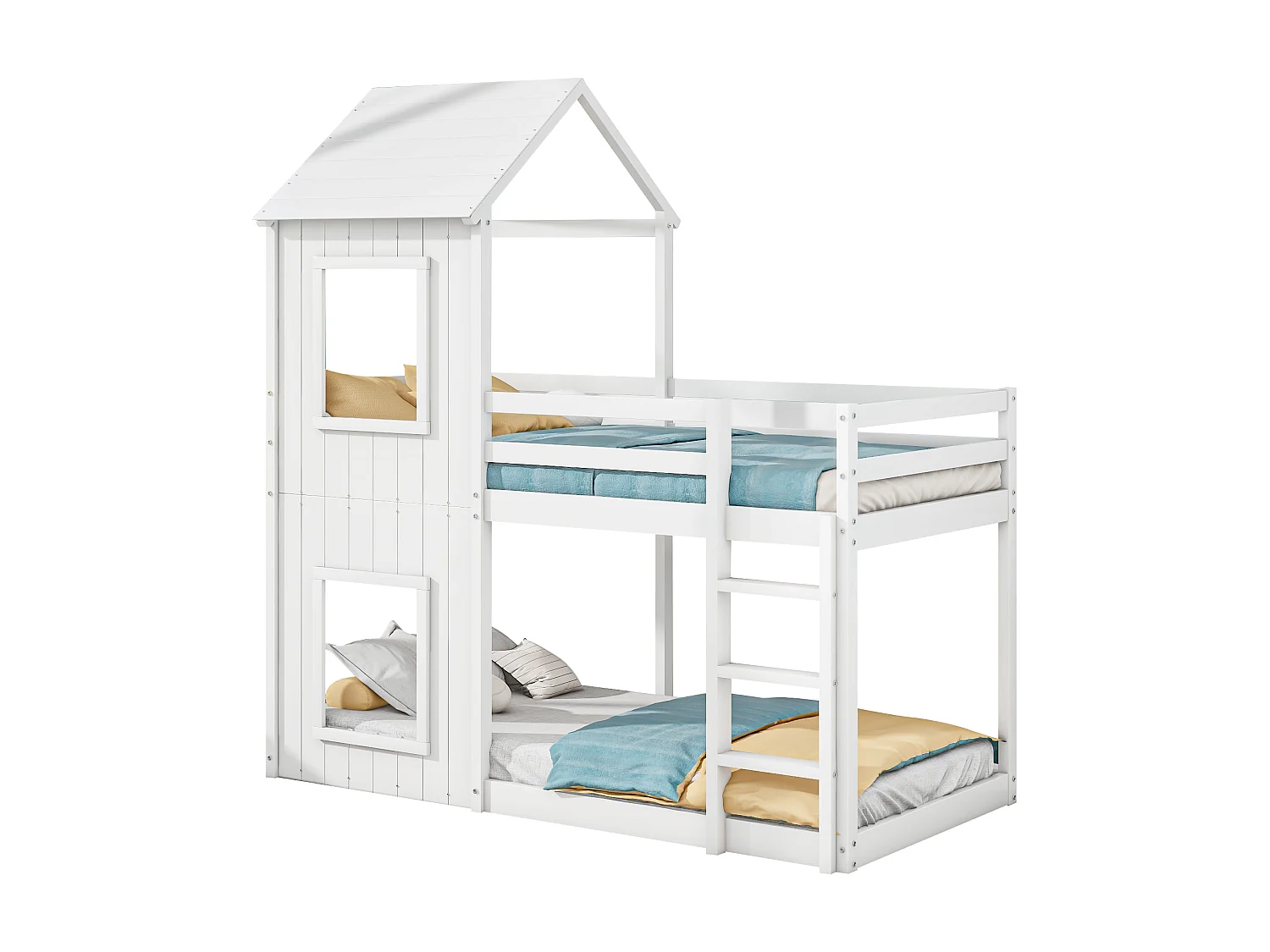 Lit superposé cabane 90×200 cm pour enfants, avec échelle et baldaquin, bois massif blanc