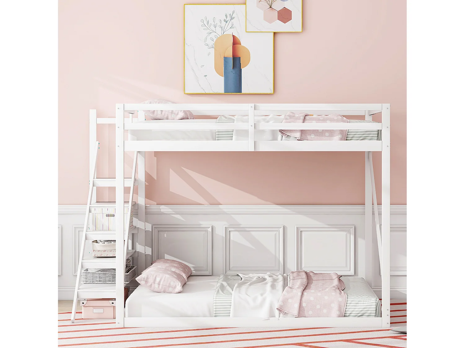 Lit mezzanine 140x200 cm blanc, avec échelle sécurisée, sommier en bois massif pour enfants et adultes