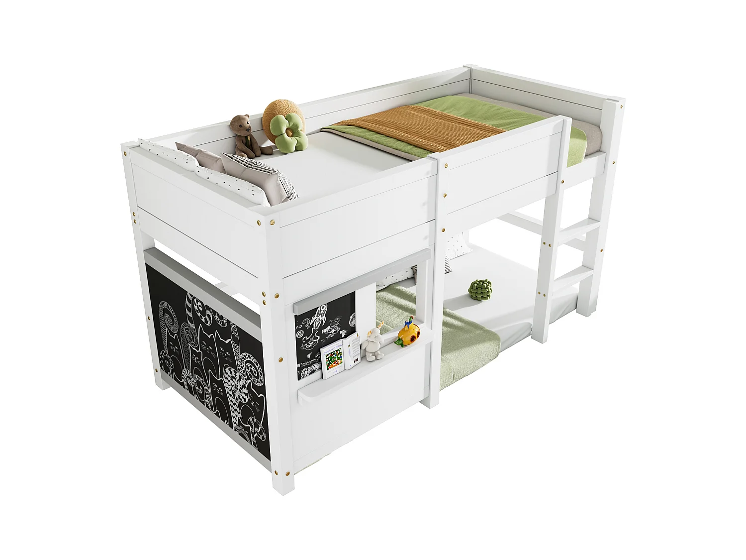 Lit superposé enfant 90×200 cm avec étagère, deux panneaux décoratifs, bois blanc