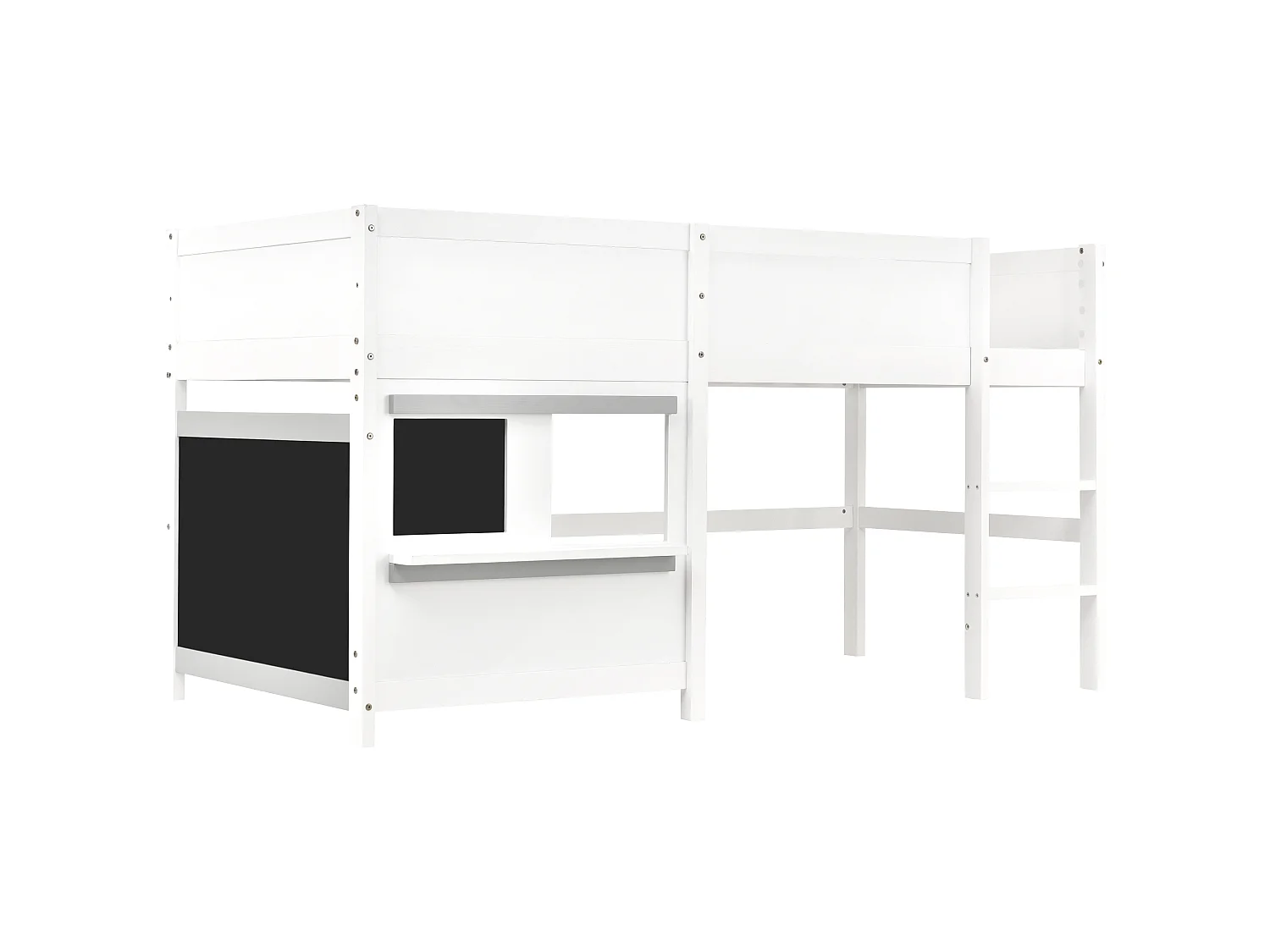 Lit superposé enfant 90×200 cm avec étagère, deux panneaux décoratifs, bois blanc