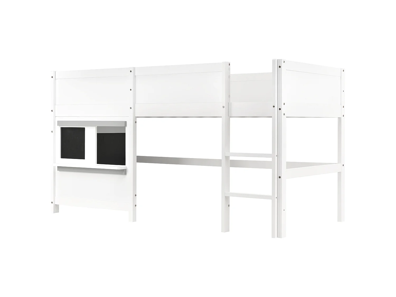 Lit superposé enfant 90×200 cm avec étagère, deux panneaux décoratifs, bois blanc