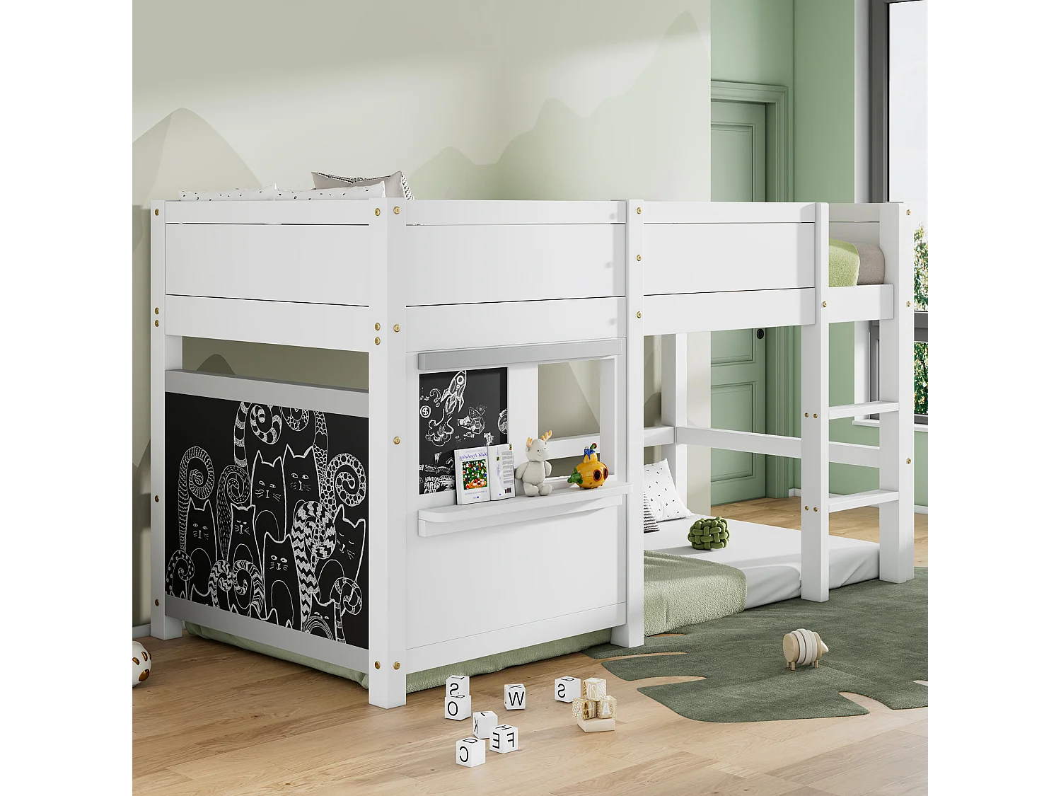 Lit superposé enfant 90×200 cm avec étagère, deux panneaux décoratifs, bois blanc