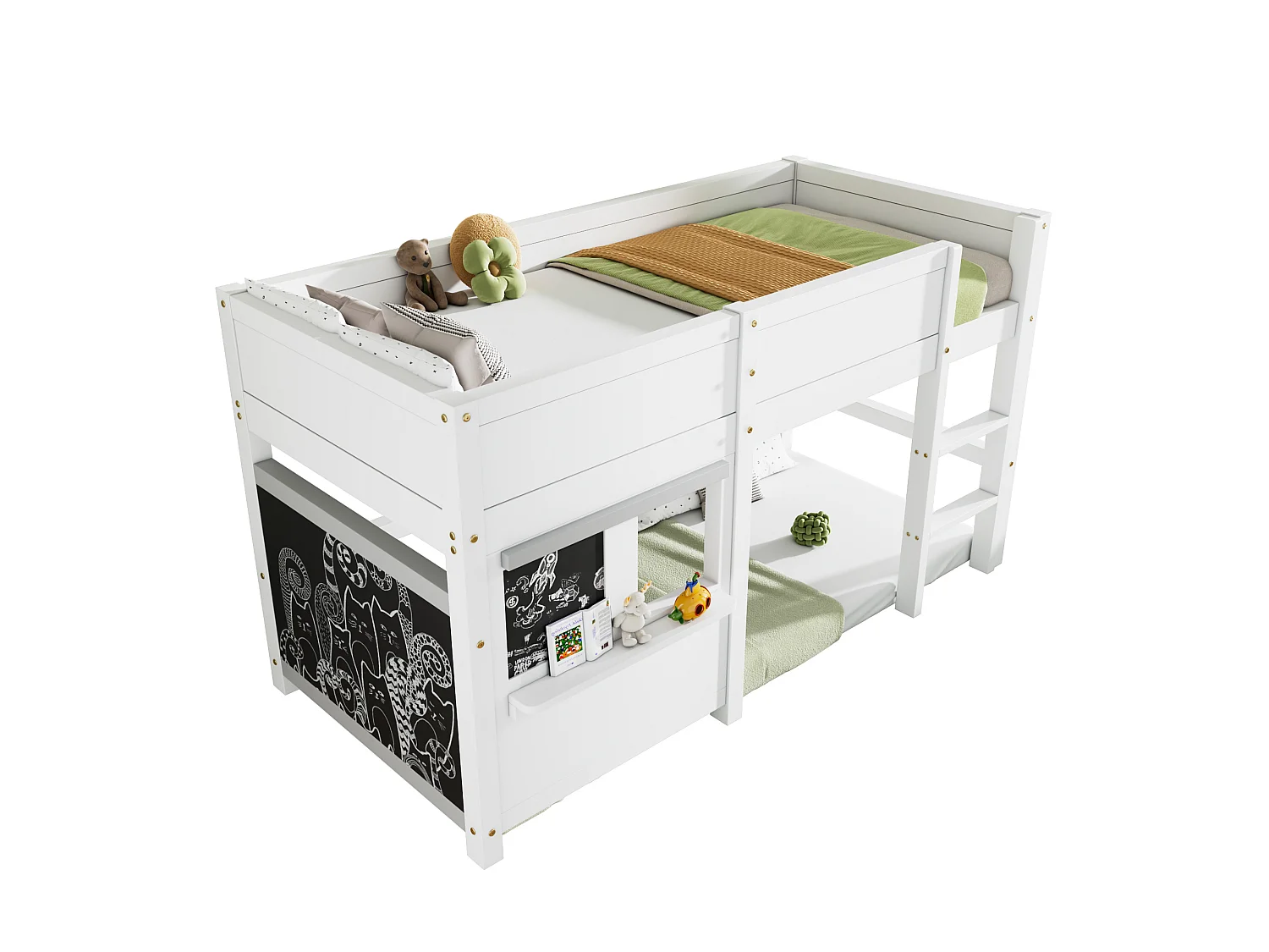 Lit superposé enfant 90×200 cm avec étagère, deux panneaux décoratifs, bois blanc