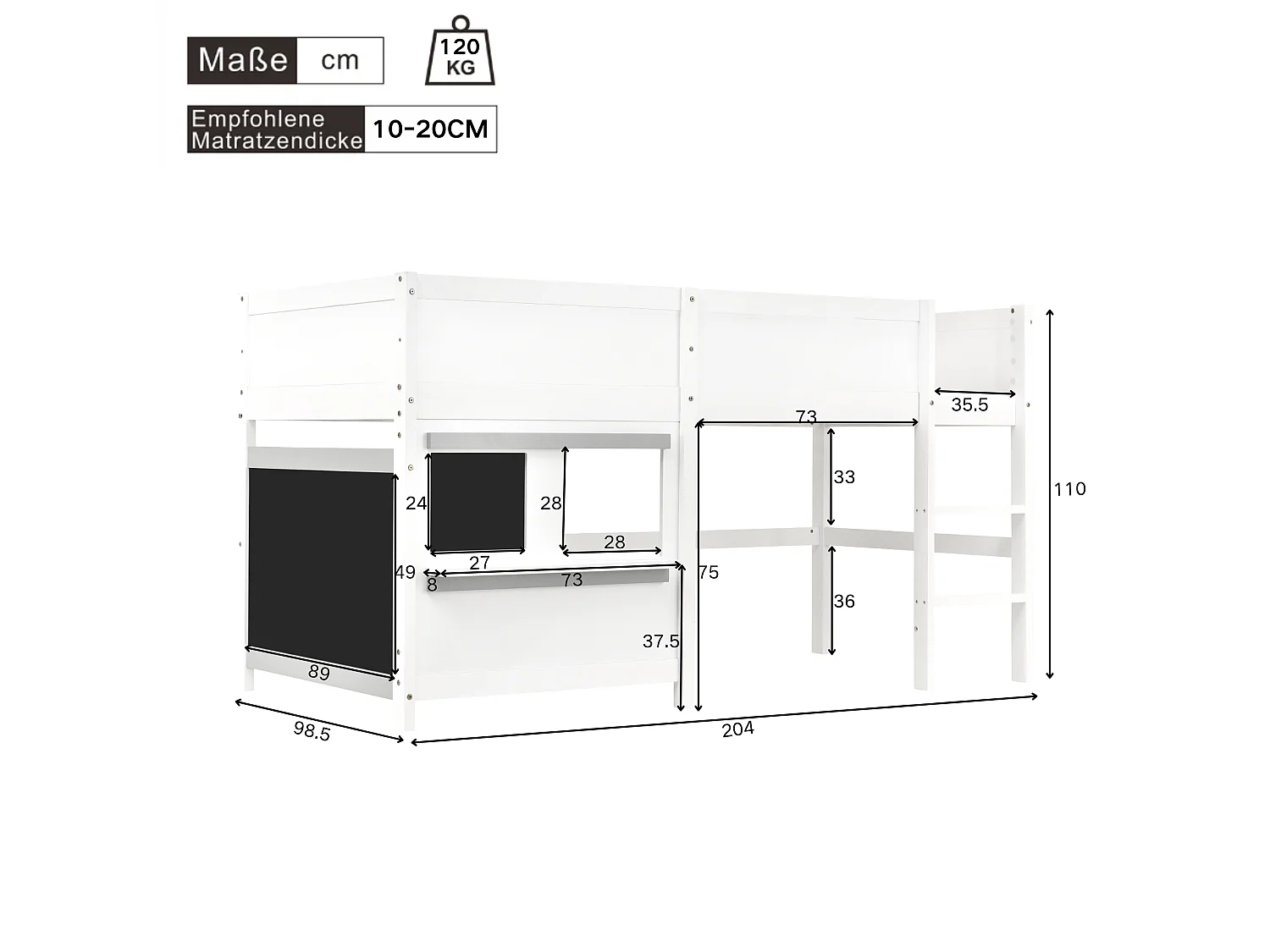 Lit superposé enfant 90×200 cm avec étagère, deux panneaux décoratifs, bois blanc