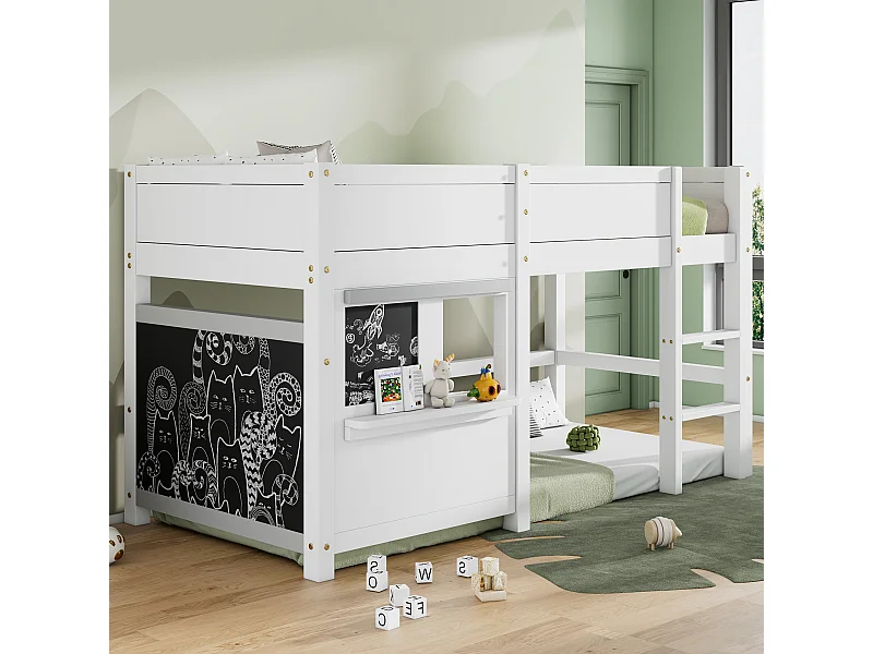 Lit superposé enfant 90×200 cm avec étagère, deux panneaux décoratifs, bois blanc